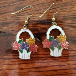Vintage Basket Of Flowers Pierced Earrings